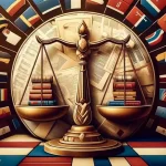 Scales of justice with stacks of books on a background of various flags and papers.
